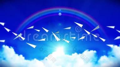用<strong>云朵</strong>和彩虹在蓝天上<strong>流动</strong>的白纸平面动画.. 务或创新理念.. 商业邮件。 手工制作